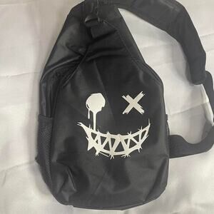 Balck Crossbody Chest Sling Bag White Smiley Face Graphic Adjustable Strap